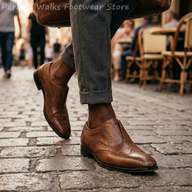 Men Shoes Oxford - أحذية رجالية جلدية بنية اللون بتصميم